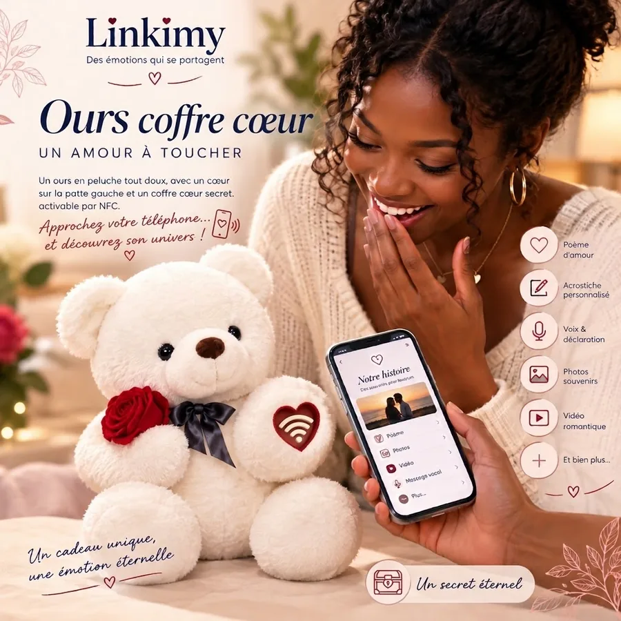 Ours coffre cœur Linkimy : une femme découvre sa page souvenir sur son téléphone